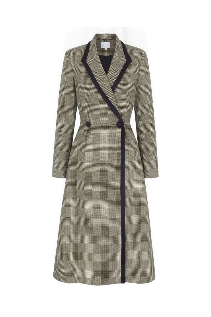 Our Washington Prince of Wales Coat is a chic wardrobe investment, taking inspiration from a vintage hunting coat. Cut from an incredibly soft and warm luxurious cashmere virgin wool blend Italian cloth, The Washington Coat is extremely flattering, with a modern semi-fitted cut, outlined in chic black silk satin. The coat is also entirely lined in silk satin. The soft A-line midi skirt of the coat has perfectly-placed front pockets. Single breasted button detailing with black silk contrast cover Old Money Coat, Coat Winter Outfit, A Line Coat, Luxury Coat, Dress Coats, Hunt Coat, Vintage Hunting, Gown Suit, London Boutique