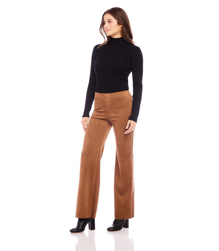 The Presley Pants are made with faux suede material, providing a soft and comfortable fit. The raw hem adds a touch of uniqueness to these pants. In a warm cognac color, these pants are the perfect addition to any fall wardrobe. True to size Faux Suede: 93% Polyester 7% Spandex Made in the USA of Imported Fabric Hand Wash Cold Separately, Do Not Dry Clean Length: Full length Wide-leg Elasticized waistband Front rise: 11 3/8 inches (size M) Inseam: 31 1/2 inches (all sizes) Leg opening: 21 inches Cognac Color, Karen Kane, Suede Material, Fall Wardrobe, Petite Size, Cognac, Polyester Spandex, Faux Suede, Casual Pants