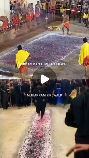 two pictures with people in yellow shirts and black pants on the same stage, one is throwing firecrackers at each other