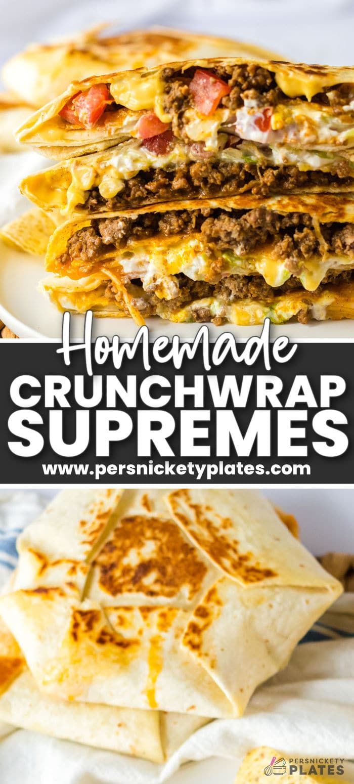 homemade crunchwrap quesadillas stacked on top of each other with text overlay