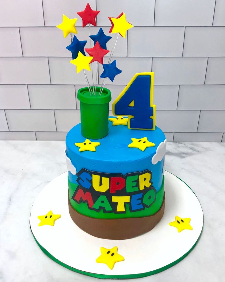 Super Mario Round Cake, Mario Star Cake, Super Mario Theme Cake, Easy Super Mario Cake Ideas, Super Mario Smash Cake, Mario Smash Cake, Mario Bday Cake, Super Mario Birthday Party Cake, Mario Themed Birthday Cake