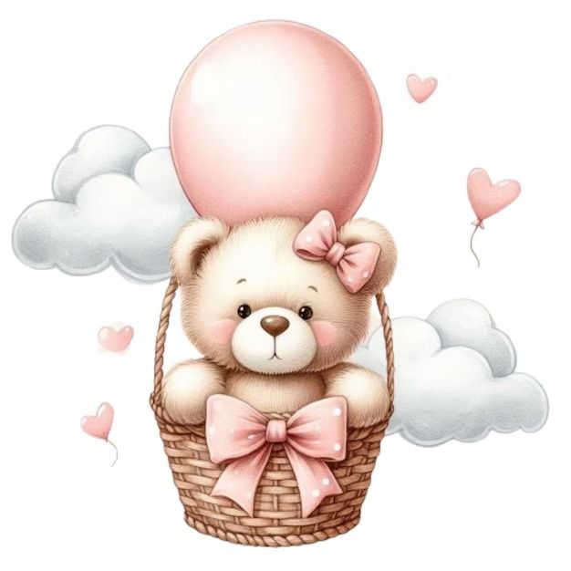 a teddy bear sitting in a basket with a balloon attached to it's back