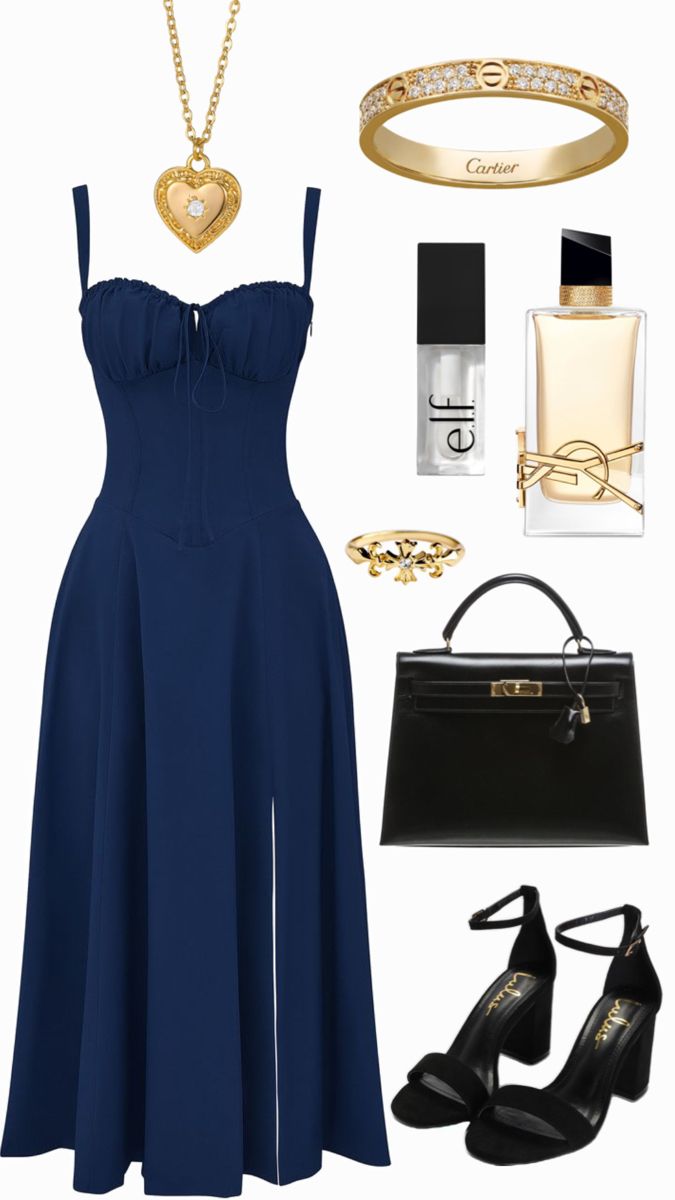 navy blue dress, black & gold accessories, outfit inspo Navy Blue Elegant Dress Classy, Navy Blue Dress With Gold Jewelry, Navy Blue Dress With Gold Accessories, Navy Blue Date Night Outfit, Navy And Silver Outfit, Navy Dress Gold Accessories, Navy Dress Accessories Jewelry, Blue And Gold Outfits Casual, Navy Blue Outfit Ideas Classy