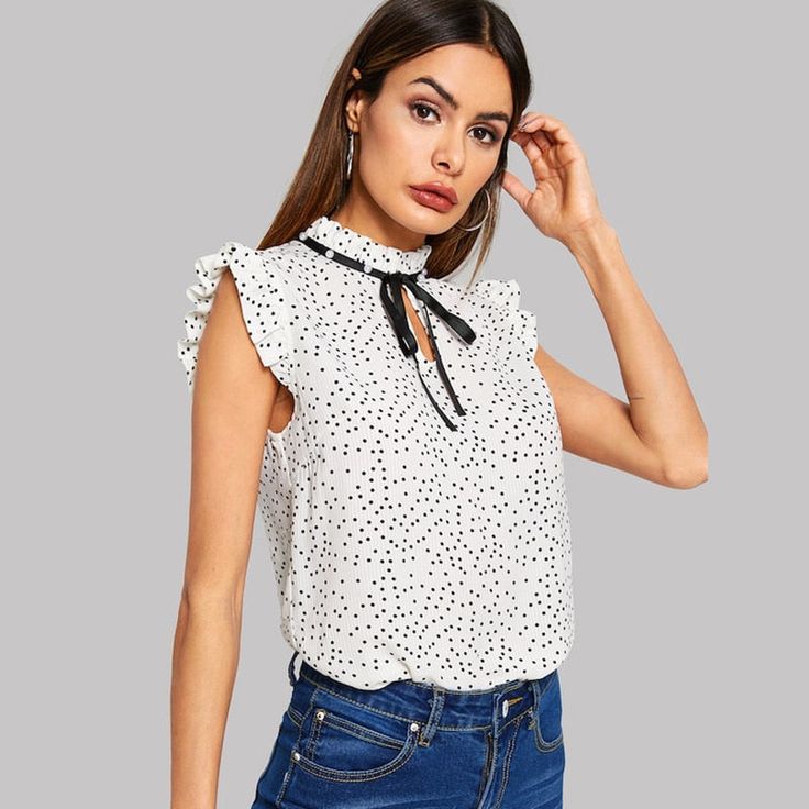 Gender: Women Material: Polyester Clothing Length: REGULAR Style: Office Lady Fabric Type: Broadcloth Sleeve Length(cm): Sleeveless Pattern Type: Polka Dot Collar: Stand Sleeve Style: REGULAR Model Number: swblouse07181220844 Decoration: Pearls, Tie Neck, Beaded, Frill Color: White UID: 190222237 Style: Elegant, Workwear Collar: Stand Collar Sleeve Length: Sleeveless Composition: 100% Polyester Pattern Type: Polka Dot Fit Type: Regular Fit Details: Pearls, Tie Neck, Beaded, Frill Fabric: Fabric Bow Stand, Stand Collar Blouse, Sleeveless Outfit, Outfit Collage, Tie Neck Tops, Costume Intero, Women Blouse, Polka Dot Blouse, Women Shirts Blouse