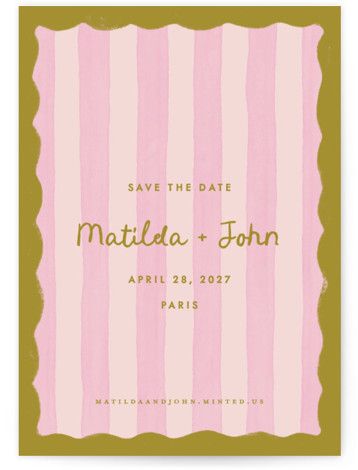 save the date card with pink and green stripes