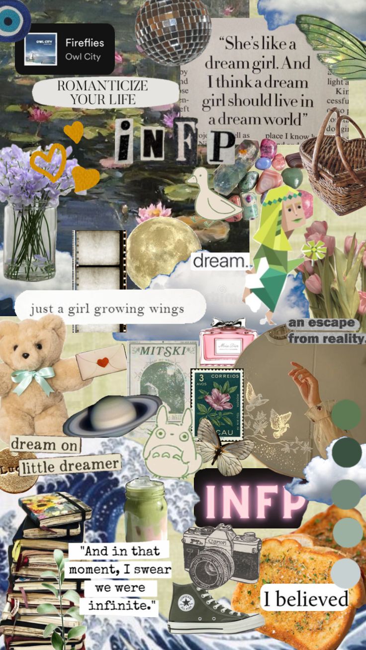 a collage with many different pictures and words on it, including flowers, books, an image of a teddy bear