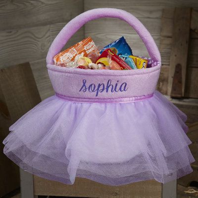 a basket filled with candy sitting on top of a wooden table