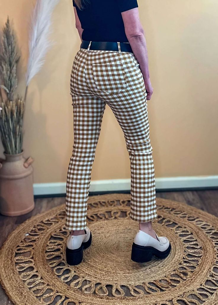 These Pretty Babe Checkered Pants are the perfect combination of style and comfort! Made with a stretchy woven fabric, and featuring front and back pockets, belt loop, and an elastic back waist with button-zip fly, you can easily dress them up or dress them down - making them the trendsetter in anyone's closet! Get ready to feel pretty and comfy in this mustard-hued wonder! High waist with elastic back Button zip-fly closure Fuctional pockets Belt loop Material: 70% Rayon, 25% Nylon, 5% Spandex Elastic Waistband Straight Chinos For Fall, Fall Chinos With Elastic Waistband And Straight Fit, Elastic Waistband Chinos For Fall, Retro Straight Pants For Work, Fall Elastic Waistband Ankle-length Chinos, Retro Straight Work Pants, Retro Straight Leg Bottoms For Fall, Retro Straight Leg Fall Bottoms, Retro Trousers With Elastic Waistband