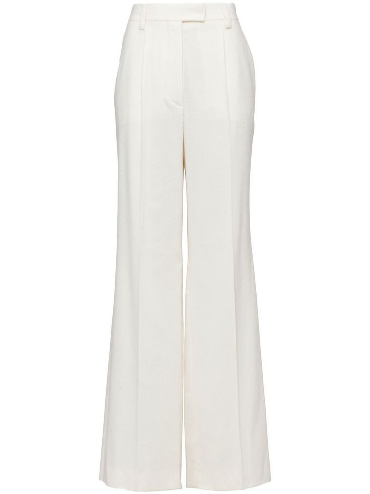 Prada Pants Women, White Tailored Pants For Semi-formal Occasions, Chic Wool Pants With Welt Pockets, Chic Wool Dress Pants, Elegant White Straight Dress Pants, Chic Wool Dress Pants With Welt Pockets, Luxury Office Bottoms With Pockets, Chic Tailored Dress Pants With Pressed Crease, Luxury Workwear Pants With Pockets