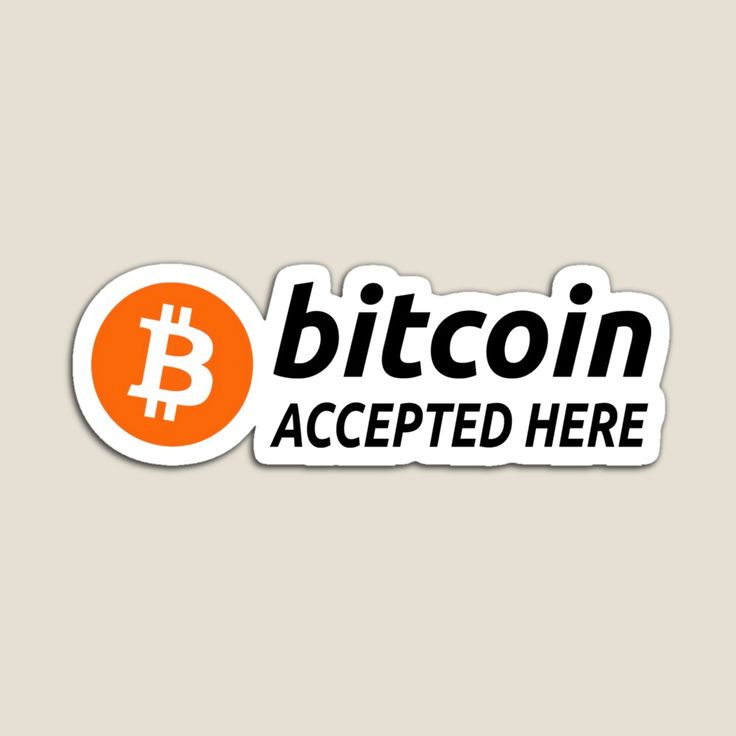 the bitcoin accepted here sticker is shown in black and orange on a white background