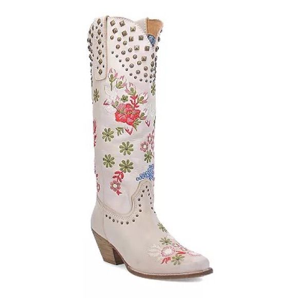 Be A Cowgirl Unlike Any Other Wearing These Stylish Dingo Poppy Women's Leather Cowgirl Boots. Boot Features Soft Embroidered Flowers Stud Accents On The Top And Pull-Strap Boot Construction Leather Upper Polyester Lining Tpr Outsole Boot Details Pointed Toe Pull-On Foam Footbed 2.5-In. Heel 14-In. Shaft 12-In. Circumference Nwt. Sole Marked To Prevent Store Returns Red Western Summer Boots, Floral Embroidered Boots For Spring Festival, Floral Embroidery Boots For Spring Festival, Embroidered Boots For Spring Festivals, Spring Festival Embroidered Boots, Spring Embroidered White Boots, Spring White Embroidered Boots, Embroidered Closed Toe Summer Boots, Bohemian Round Toe Boots With Floral Print