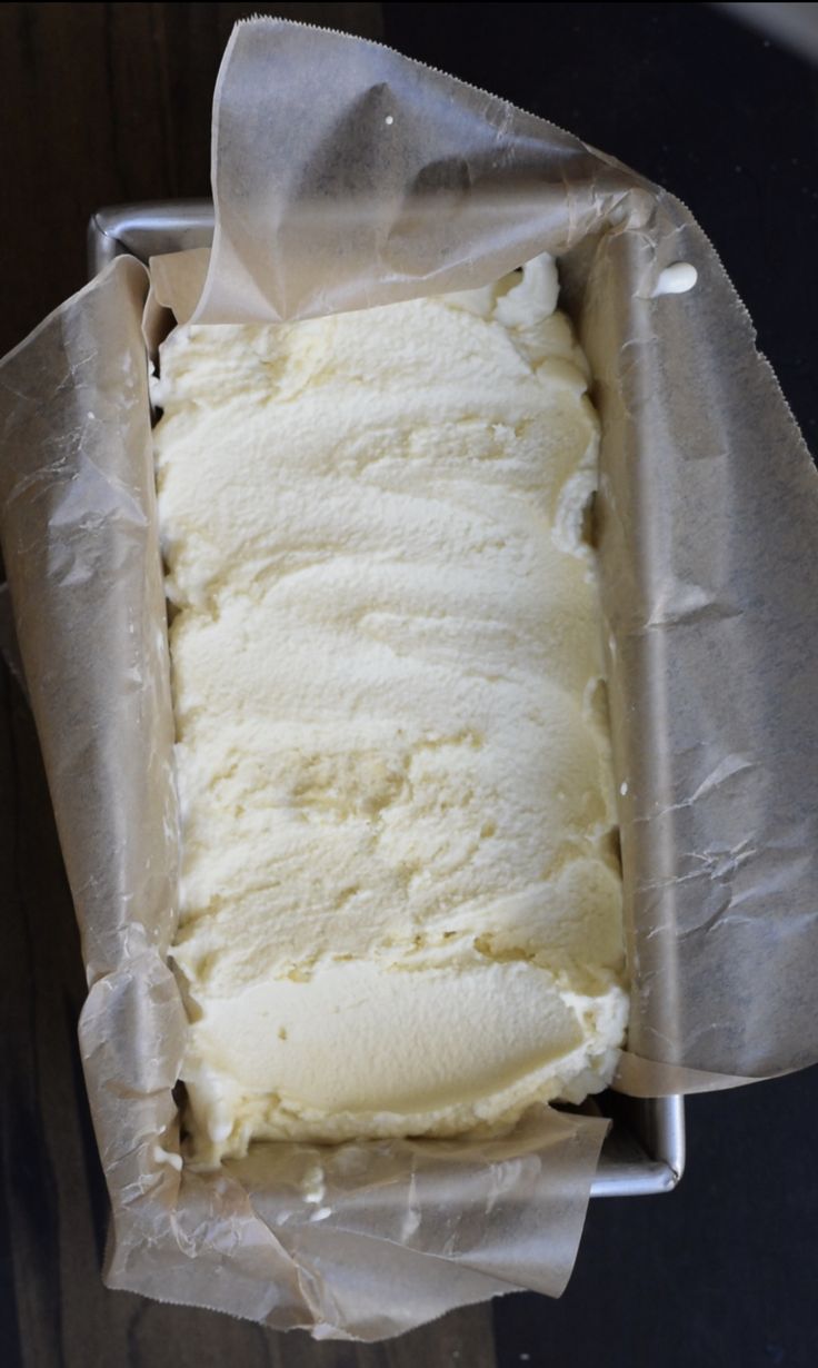 an uncooked loaf of ice cream in a pan