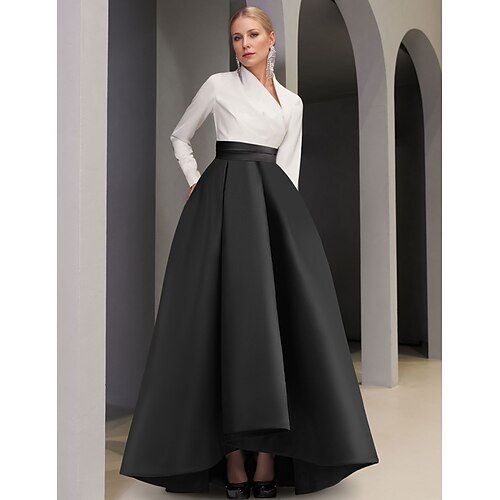 Silhouette:A-Line; Hemline / Train:Asymmetrical; Closure:Zipper UP; Built-In Bra:Yes; Embellishment:Pocket; Fabric:Satin; Sleeve Length:Long Sleeve; Tips:Colors may vary slightly due to different monitor settings,Professional dry cleaner only; Boning:No; Style:Silky,Elegant; Occasion:Formal; Neckline:V Neck; Front page:Evening Gown; Listing Date:09/11/2024; Bust:null; Hips:null; Hollow to Floor:null; Waist:null; Features:Pocket,Belt / Sash Black White Formal Dress, Black Choir Dress, Fancy Dresses Modest, Formal Clothes Women Party, Formal Winter Wedding Guest Dress, A Line Dress With Sleeves, Elegant Gala Dresses, Black And White Dresses, Dress Formal Wedding Guest