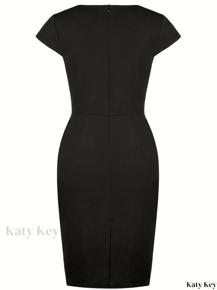 Katykey - Exquisite Vintage Bodycon Dress with Contrast Trim and Button Decor - Sophisticated Short Sleeve Womens Clothing Elegant Short Sleeve Button Back Dress, Classic Dresses For Work With Button Back, Fitted Dress With Button Back For Work, Classic Dresses For Workwear With Button Back, Classic Button Back Dress For Work, Classic Workwear Dress With Button Back, Elegant Knee-length Dress With Button Back, Knee-length Dress With Button Back For Work, Knee-length Button-back Dress For Work