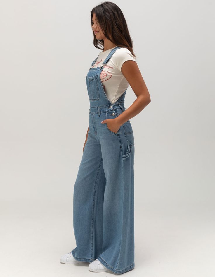 RSQ Womens Wide Leg Overalls - MEDIUM WASH | Tillys Cute Baggy Overalls, Long Sleeve With Overalls, Women’s Overalls, Feminine Overalls, Overalls For Fall, 70s Overalls, Christmas Overalls, Cute Overall Outfits, Overall Women