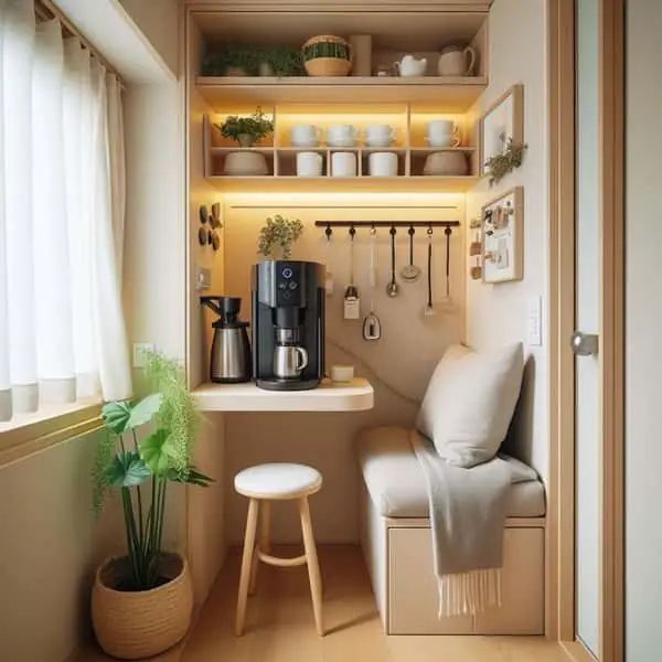 the small kitchen is clean and ready to be used as a coffee bar or breakfast nook