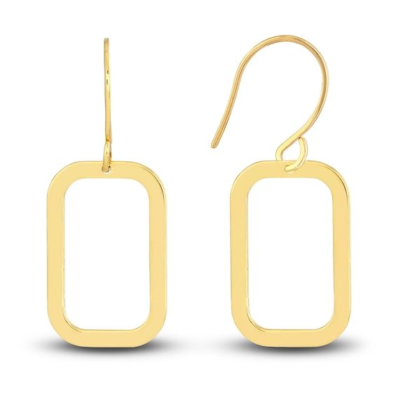 Striking open rectangles are polished to a high shine in these timeless women's earrings. Fashioned in 14K yellow gold, the earrings secure in place with euro wire backs. Yellow Gold Oblong Earrings, Yellow Gold Oblong Earrings For Gift, Oblong Yellow Gold Earrings For Gift, 14k Gold Oblong Earrings For Gift, 14k Gold Oblong Earrings As Gift, Rectangular Polished Finish Earrings For Gift, Rectangular Polished Earrings For Gift, Rectangular Gold Hoop Earrings For Formal Occasions, Rectangular Polished Earrings For Gifts