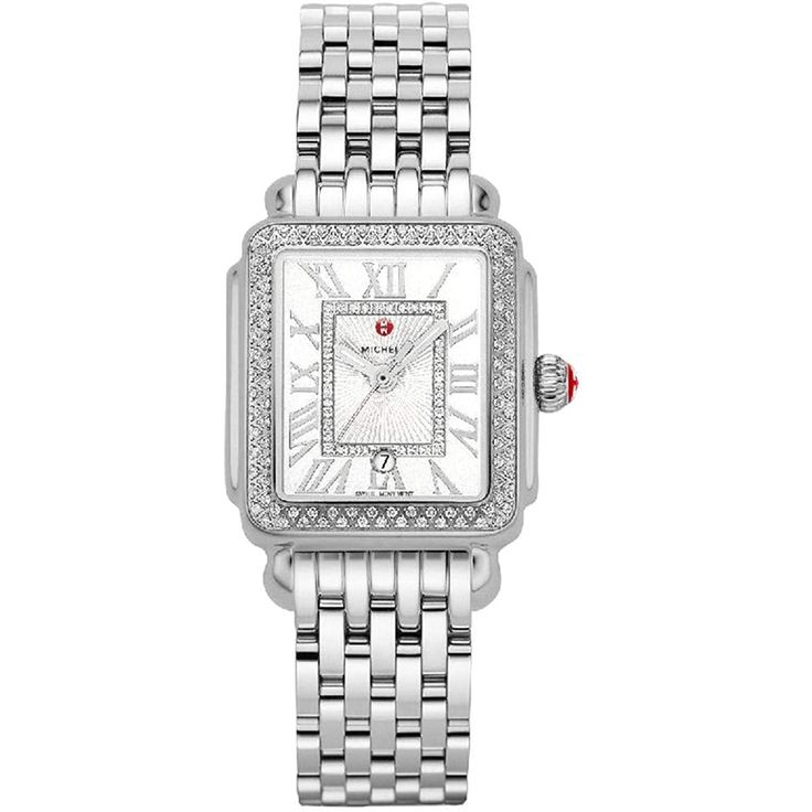 ENJOY 25 OFF This stainless-steel Deco Madison Mid shines with 148 hand-set diamonds on the bezel and atop the silver white sunray dial. The stainless-steel bracelet is made specifically for the Deco Madison Mid collection and is interchangeable with any 16mm MICHELE strap. Case Size - 29 mm x 31 mm Dial - Silver White Sunray with Diamonds Strap Size - 16 mm Crystal Type - Sapphire Number of Diamonds - 148 Total Diamond Weight - 0.60 ct Water Resistant - 5 ATM Movement - Swiss Luxury White Gold Diamond Watch, Classic Diamond White Watch With Metal Dial, White Diamond Watch With Round Dial, Luxury Diamond Watch With Rectangular Stainless Steel Dial, Modern Silver Diamond Watch With Diamond Accents, Luxury Silver Stainless Steel Diamond Watch, Luxury Stainless Steel Watches With Diamond Accents, Luxury Silver Diamond Watch In Stainless Steel, Modern White Gold Watches With Diamond Accents