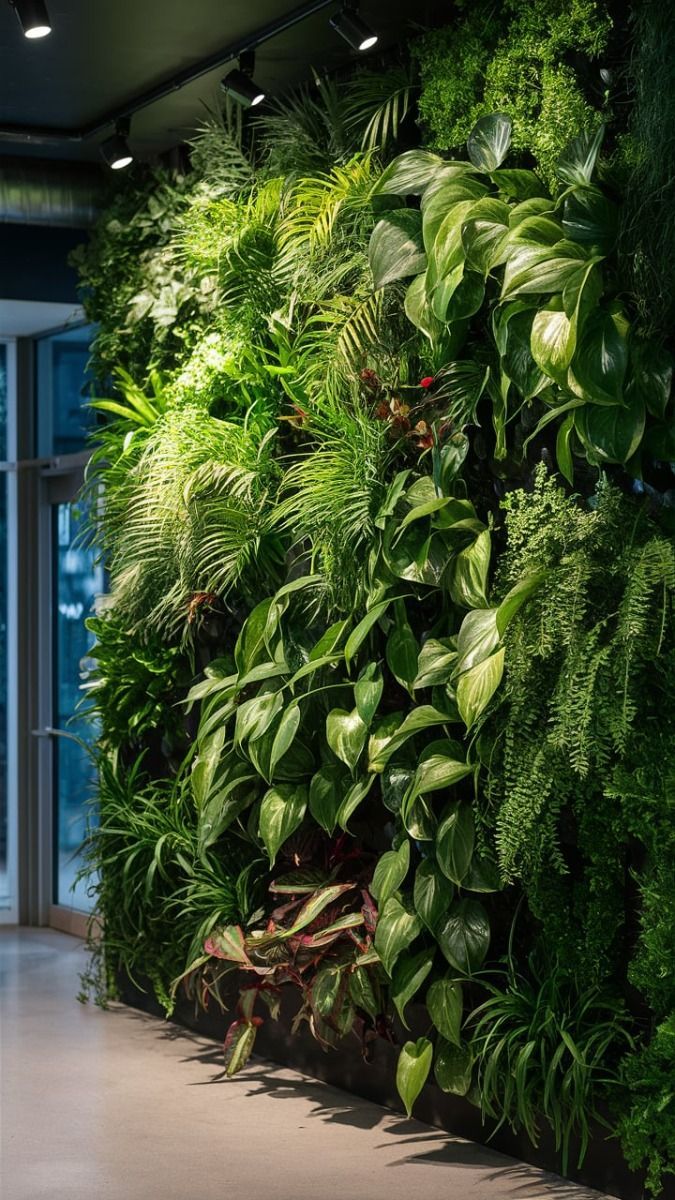 a green wall in an office building with plants growing on it