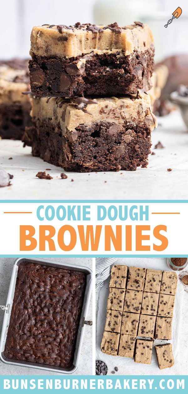 chocolate cookie dough brownies are stacked on top of each other with the words, cookies dough