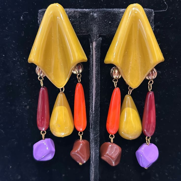 This Pair Is Amazing!! Just Unboxed This Pair From Our Original Boutique In The Early 80s. The Colors Are True 70s-80s Vibes And The Design Is Like Modern Art. So Fun For Some Of Your Retro Throwback Free People Looks. Lightweight 3.5” Length Surgical Steel Posts Storage Hot Pink Bag 70s Fashion Jewelry, Retro Yellow Earrings For Party, Retro Yellow Party Earrings, Yellow Retro Party Earrings, Retro Yellow Dangle Earrings, Retro Multicolor Clip-on Earrings, Hot Pink Bag, Mod Squad, Earrings Ideas