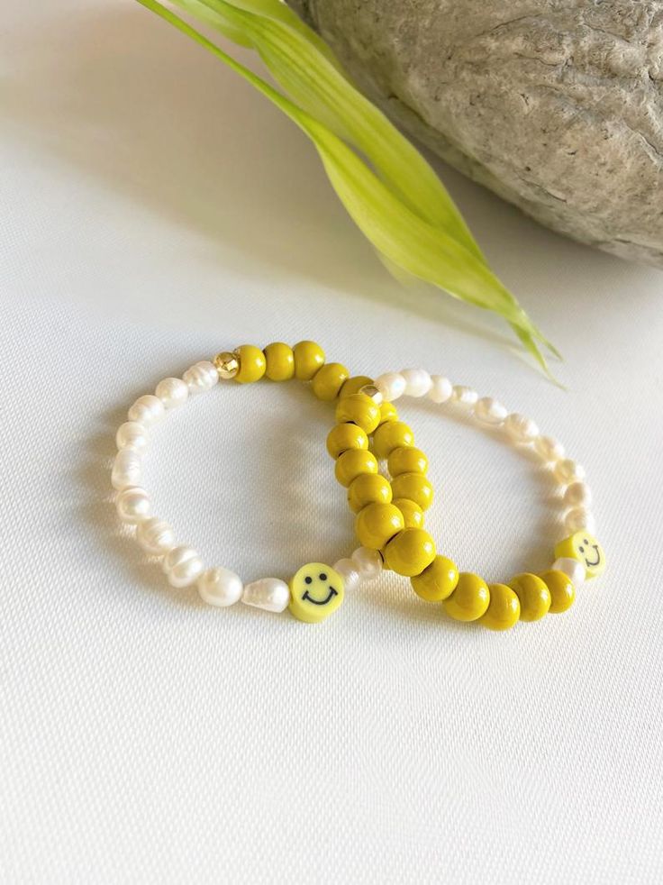 Freshwater Pearl Stretch Bracelet Yellow Smile Face Bracelet | Etsy Trendy Round Jewelry With Letter Beads, Heart Shaped Letter Beads Jewelry For Friendship, Heart Shaped Round Beads Jewelry Gift, Trendy Round Beads Jewelry Gift, Trendy Round Bead Jewelry For Mother's Day, Trendy Round Beads Jewelry For Gifts, Trendy Jewelry With Round Beads For Gifts, Friendship Jewelry With Heart And Round Beads, Minimalist Letter Beads For Jewelry Making