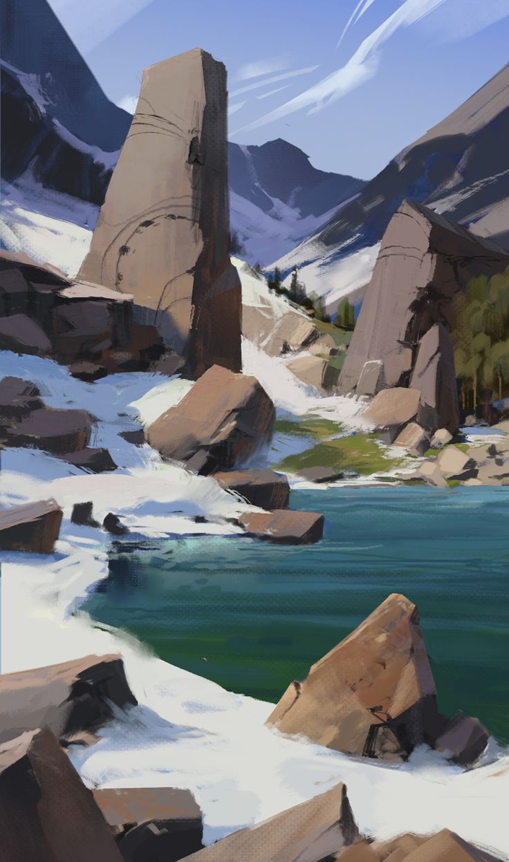 a painting of rocks and water with mountains in the background