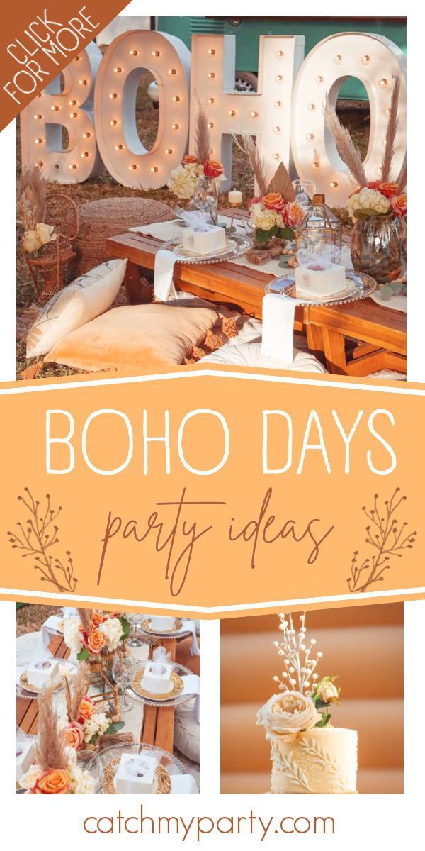 boho days party ideas with the words boho days on it and pictures of food