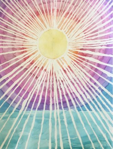 an abstract painting with white lines on purple and blue watercolor paper, in the shape of a sunburst