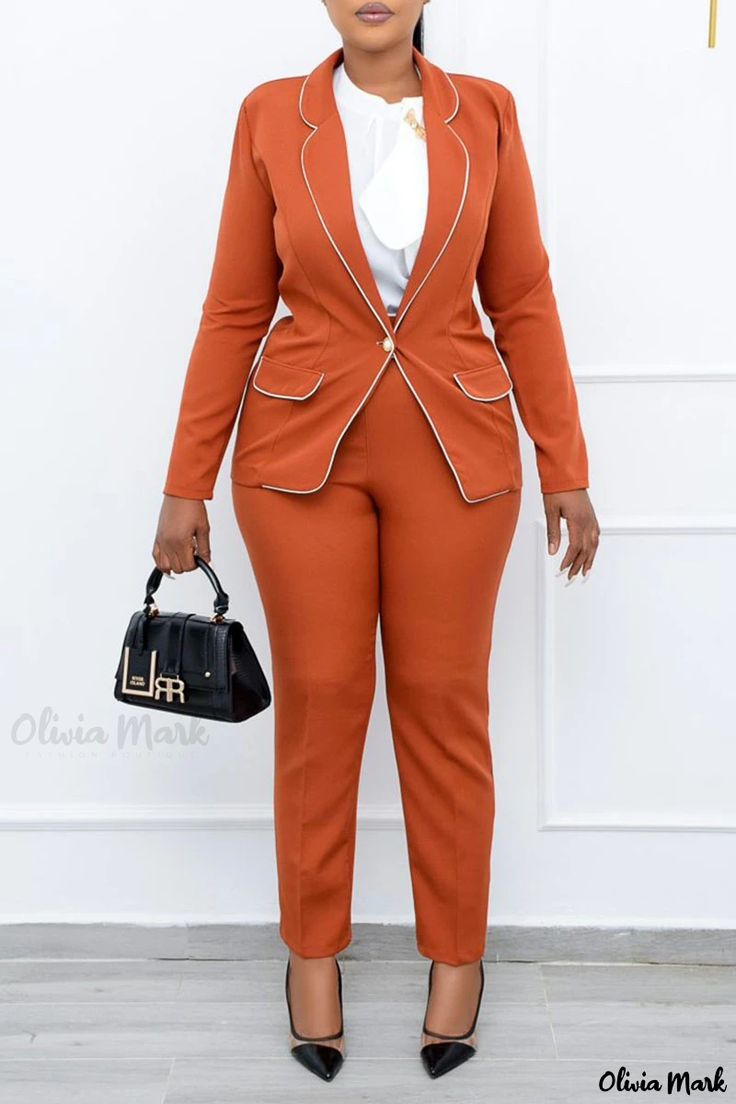 Olivia Mark - Womens Tangerine Work Blouse and Skirt Set with Sophisticated Patchwork Accents and Elegant Turn-Back Collar. Two Piece Pants Set, High Rise Pants, Work Jackets, Long Sleeve Midi, Casual Work, Casual Sets, Work Blouse, Work Casual, Olivia Mark