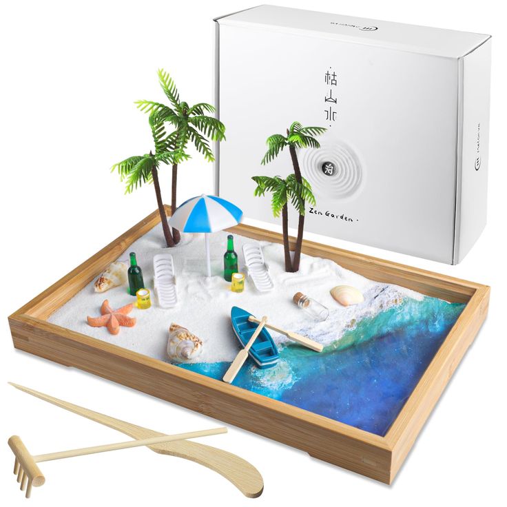 a beach scene with palm trees, umbrellas and bottles on the sand in front of a white box