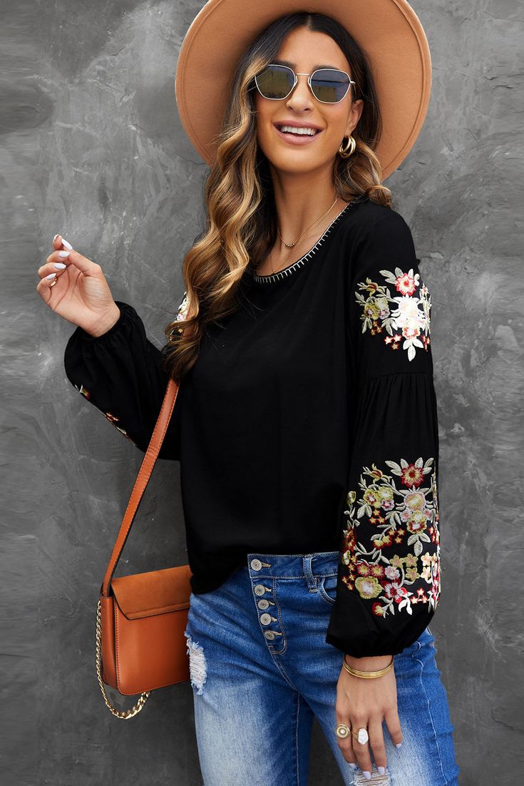 This Floral Embroidery Long Sleeve Top is a must-have for any fashionista. Crafted from a blend of 80% Polyester and 20% Cotton, this top is designed to be comfortable and stylish. The floral embroidery adds a touch of elegance to the top, making it perfect for any occasion. The long sleeves and round neckline provide a flattering fit, while the lightweight fabric ensures you stay cool and comfortable all day long. Whether you're heading to the office or out for a night on the town, this top is Lantern Sleeve Top, Floral Sleeve, Loose Fitting Tops, Denim Coat Jacket, Dressy Casual, Tee Dress, Lantern Sleeves, One Piece Swimwear, Cut And Style