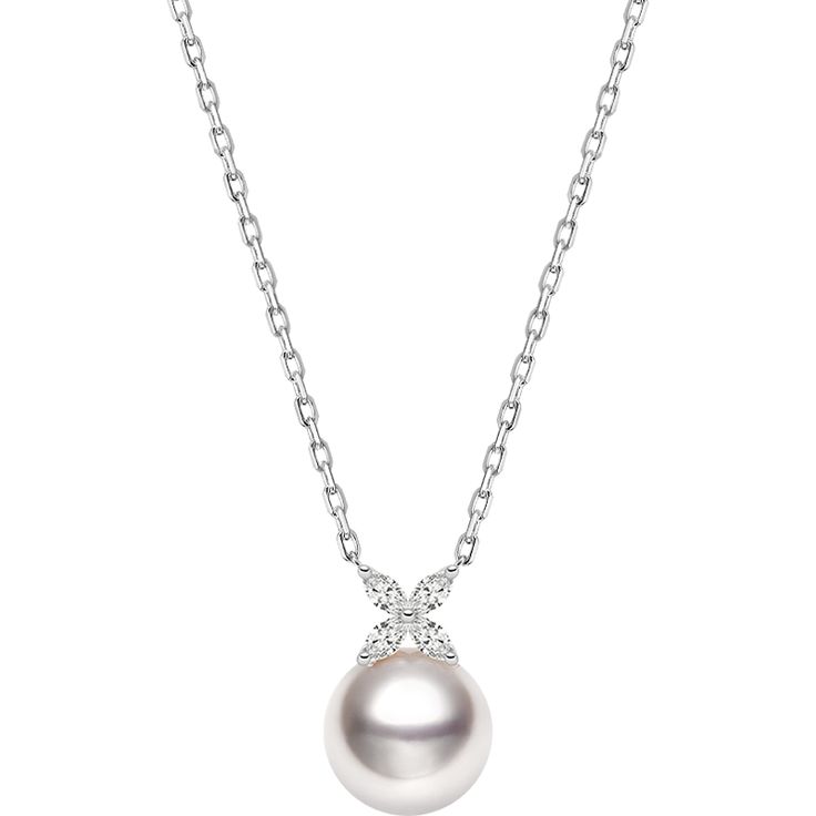 Material: 18K white gold, Akoya Pearl, and diamond Akoya saltwater cultured pearl Size of pearl: around 8.5-9.0 mm Length of chain: around 44 cm (adjustable) Weight of Diamonds: 4 diamonds approx. 0.076 carats Handpicked of every pearl, only the top 1% of pearls are selected Handcrafted Lifetime warranty Classic Pearl Diamond Necklace For Formal Occasions, Classic Formal Pearl Diamond Necklace, Luxury White Diamond Necklace With Pearl Chain, Classic Diamond Necklace With Pearl Chain For Formal Events, Brilliant Cut Akoya Pearl Round Necklace, Akoya Pearl Necklace With Brilliant Cut, Brilliant Cut Akoya Pearl Necklace, White Pearl Diamond Necklace With Pearl Chain, White Diamond Necklace With Pearl Chain