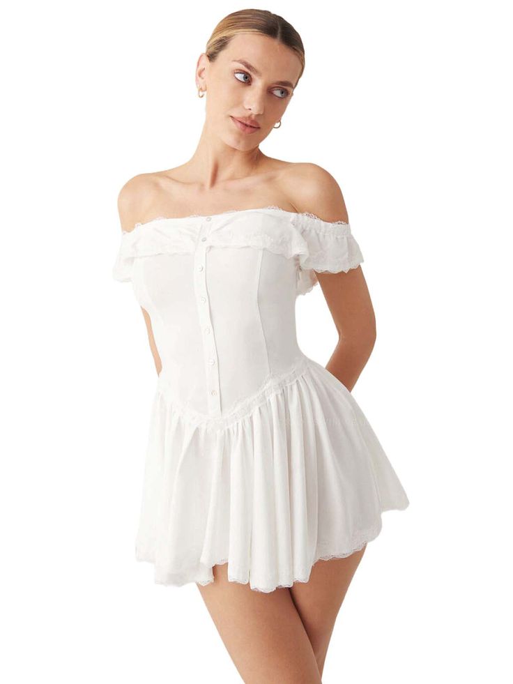 For a more sultry option, the Charli dress stands out with its off-the-shoulder cut, smocked back, and silk-like fabric. This mini dress features a corset waist, vintage-inspired lace details, and an elastic neckline for added comfort, all enhanced by delicate lace trim details.
 Size: XS, S, M, L Mini Outfit, Corset Waist, Frankies Bikinis, Shoulder Cut, Crepe Dress, Trim Detail, White Mini Dress, Vintage Lace, Lace Detail