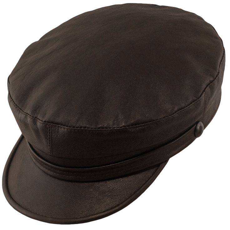 A naval style Trawler hat made of 100% high quality natural leather. One of many variations of Greek Fisherman and Breton hats available in our store. This headgear has a short peak and black decorative buttons. Inside the crown there is a skin friendly natural leather sweatband and a viscose lining. It is a comfortable and practical hat for everyday use. This headgear is available in large xl and xxl sizes. Precise handmade craftsmanship from Poland. MST-ELB-SvB Breton Hat, Peaked Hat, Sailor Cap, Fisherman Hat, Decorative Buttons, Hat Making, Leather Fabric, Natural Leather, Hat Fashion