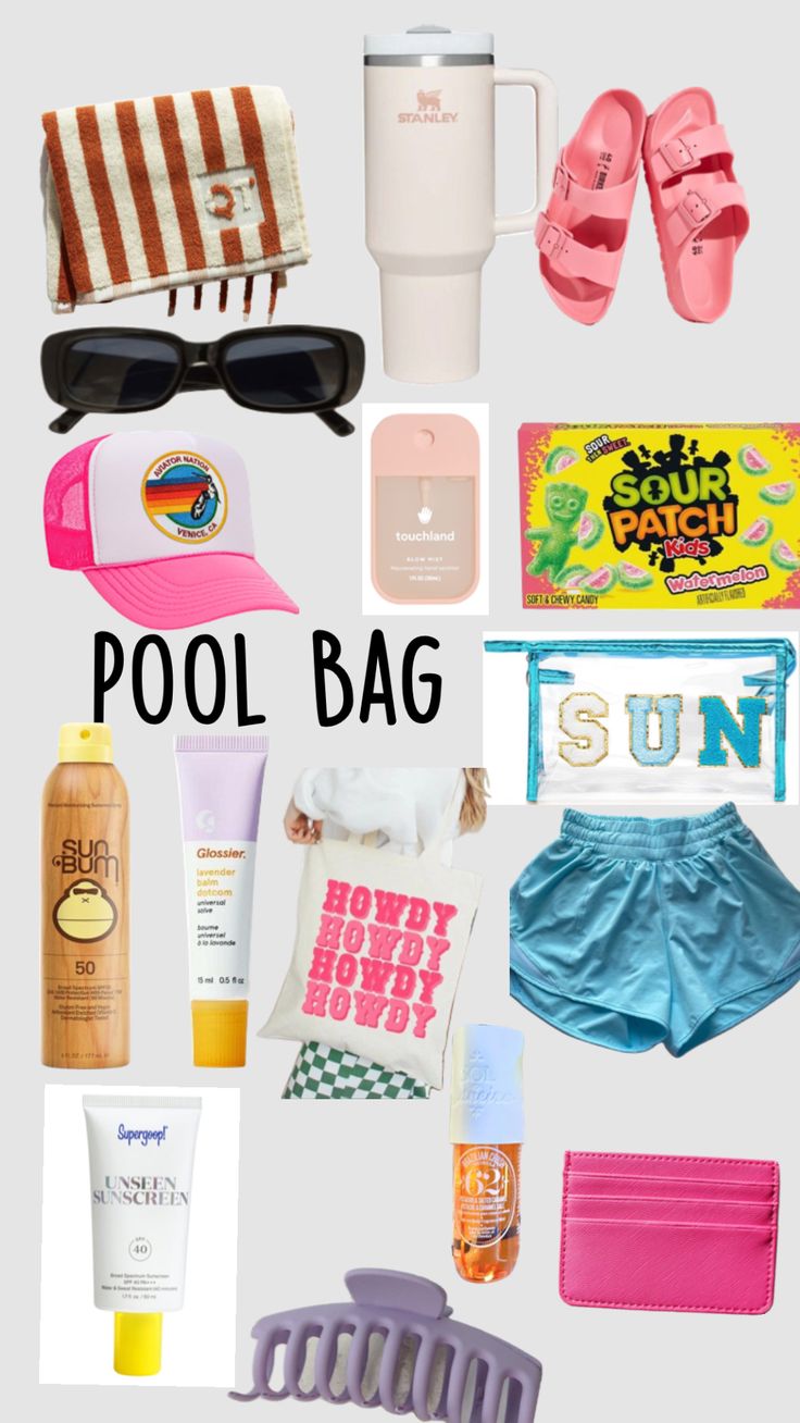 #preppy pool bag What To Pack In Your Pool Bag, What To Pack For A Pool Day, What To Bring To The Pool For Teens, What To Take To A Pool Party, Pool Bag Essentials List, Preppy Pool Day, What To Bring To The Pool, Pool Bag Organization, Pool Necessities