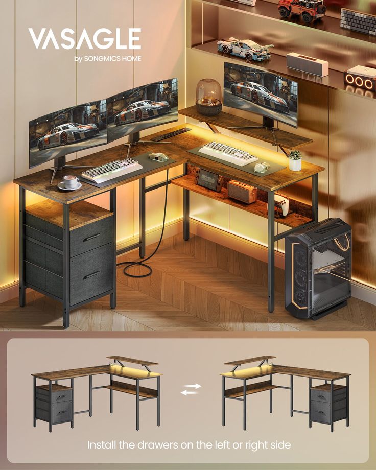 the computer desk has two monitors on it, and is lit up with yellow lights