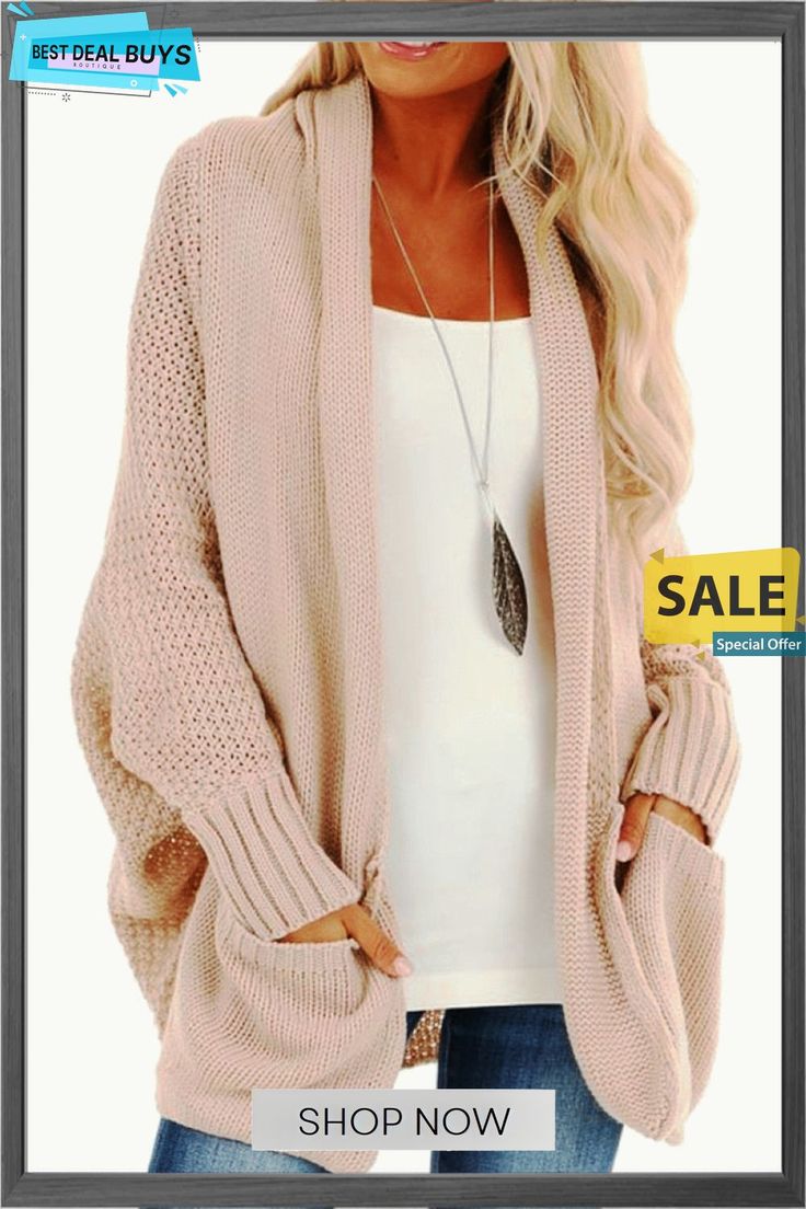 Bat Sleeve Knitted Cardigan Knit Outerwear With Open Front In Solid Color, Knit Open Front Outerwear, Knit Open Front Outerwear In Solid Color, Chic Open Knit Long Sleeve Cardigan, Trendy Textured Knit Solid Cardigan, Chic Long Sleeve Open Knit Cardigan, Trendy Solid Textured Knit Cardigan, Beige Knitted Long Sleeve Cardigan, Beige Knit Cardigan With Pockets