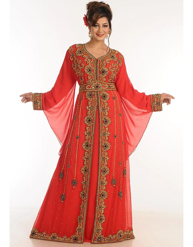 Women Red Georgette Hand Zari Embroidery Kaftan Moroccan, Copper, Georgette, Handmade, Red, Red, Kaftans, XS, S, M, L, XL, 2XL, 3XL, 4XL, 5XL, 6XL, 7XL:Arabic Attire Luxury Red Abaya For Eid, Luxury Red Abaya For Festive Season, Intricate Embroidery Kaftan For Diwali Party, Red Embroidered Kaftan For Wedding, Anarkali Kaftan With Intricate Embroidery For Party, Bollywood Style Kaftan With Intricate Embroidery For Party, Party Anarkali Kaftan With Intricate Embroidery, Red Traditional Wear With Dabka For Reception, Red Embroidered Wedding Kaftan