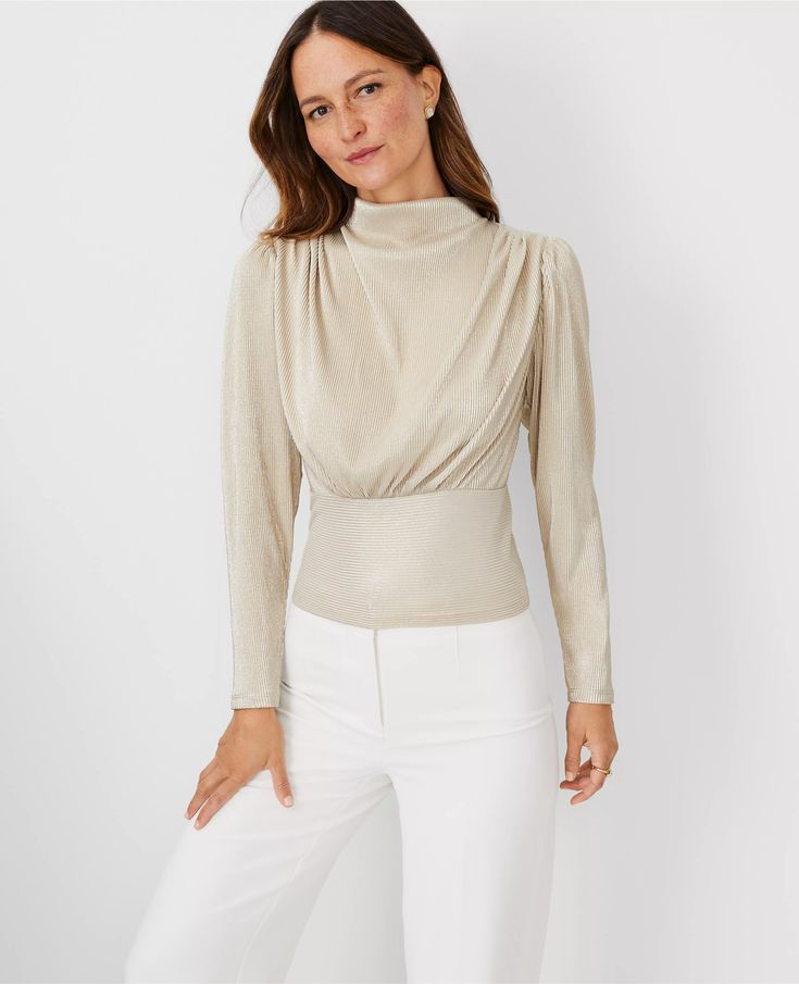 Metallic Draped Cowl Neck Top Shirred Sleeve, Female Features, Knitted Suit, Hip Style, Mock Neck Long Sleeve, Designer Drapes, Cowl Neck Top, Outfit Making, Night Wear