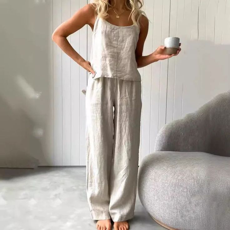 Two-piece Cotton Linen Loungewear, Pajamas, Casual Set To shop: find this product in highlights 'new arrival' or visit lageshop.com link in bio. Homewear Outfit, Button Suspenders, Linen Outfits, Bekväma Outfits, Linen Pajamas, Pockets Pants, Pantsuits For Women, Y2k Outfits, Linen Pants Women