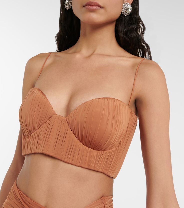 Preston ruched top in brown - Alex Perry | Mytheresa Evening Cropped Elastane Top, Cropped Elastane Top For Evening, Evening Cropped Elastane Crop Top, Fitted Crop Top For Summer Evenings, Chic Party Crop Top, Ruched Crop Top For Summer Evenings, Elegant Elastane Crop Top For Party, Summer Evening Ruched Crop Top, Elegant Ruched Crop Top For Summer