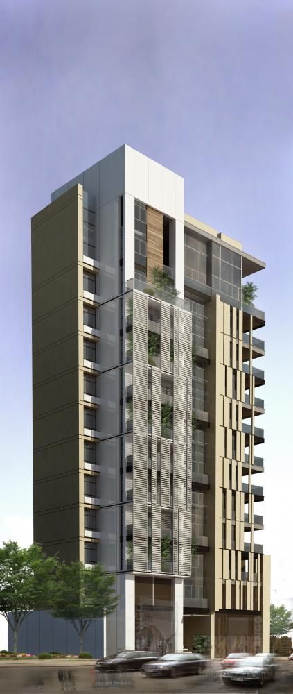 an artist's rendering of a tall building with lots of windows