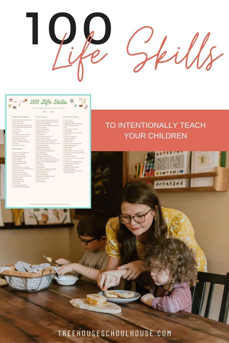 a woman and two children eating food at a table with the words, 100 life skills to