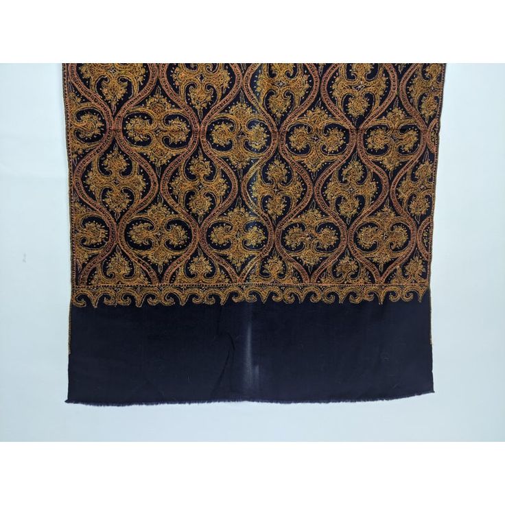 Antique 19th Century intricately hand embroidered Pashmina(Cashmere) shawl from Kashmir in northern India with detailed aari(sozni) hand embroidery.  Dimensions: 76" H x 28" W Black Pashmina Shawl With Embroidered Border, Eid Embroidered Pashmina Fabric With Border, Eid Pashmina Shawl With Intricate Embroidery, Traditional Embroidered Pashmina Fabric With Traditional Patterns, Traditional Embroidered Pashmina Fabric With Patterns, Embroidered Pashmina Shawl In Traditional Drape, Traditional Drape Pashmina Shawl With Intricate Embroidery For Eid, Embroidered Jamawar Pashmina Shawl, Traditional Jamawar Scarves With Resham Embroidery