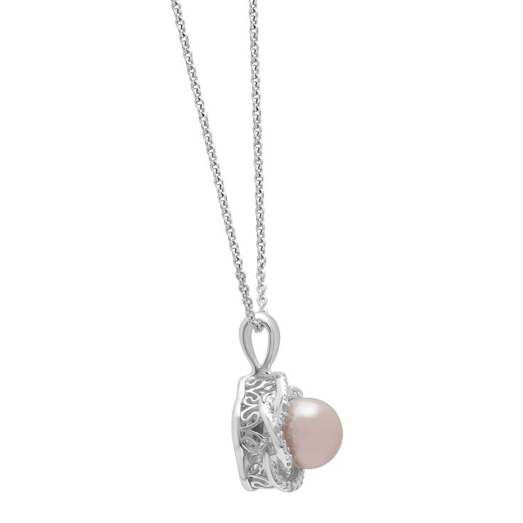 Elegant and versatile, this freshwater cultured pearl and diamond accent pendant dazzles in sterling silver. One round pink freshwater cultured pearl sits at the center, surrounded by sparkling petals formed by 10 round single cut diamonds. This beautiful pendant hangs elegantly from a matching 18-inch cable chain in sterling silver. | Pink Freshwater Cultured Pearl & Diamond Accent Pendant Necklace | Sterling Silver | White | Size 18" | Helzberg Diamonds Formal Feminine Jewelry With Pearl Pendant, Feminine Silver Jewelry With Pearl Charm, Feminine Formal Jewelry With Pearl Pendant, Feminine Sterling Silver Jewelry With Pearl Drop, Feminine Sterling Silver Pearl Drop Jewelry, Silver Pearl Drop Feminine Jewelry, Feminine Silver Jewelry With Pearl Drop, Feminine Silver Pearl Jewelry, Elegant Pearl Jewelry With Birthstone