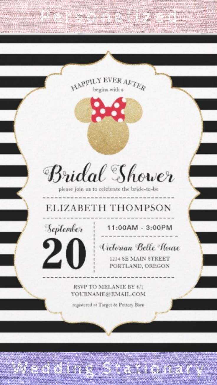 Minnie Mouse | Gold Striped Bridal Shower Invitation Mini Mouse Bridal Shower Ideas, Mickey Bridal Shower Ideas, Minnie Mouse Bridal Shower Ideas, Disney Bridal Shower Invitations, Mickey And Minnie Bridal Shower Ideas, Elegant Disney Bridal Shower Ideas, Disney Theme Bridal Shower Ideas, Disney Bridal Shower Ideas, Disney Wedding Shower