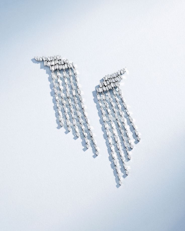 Suzanne Kalan Classic Diamond Angel Drop Earrings in 18k white gold Luxury Baguette Cut Diamond Earrings For Formal Occasions, Luxury Formal Baguette Cut Diamond Earrings, Luxury Platinum Diamond Earrings With Baguette Diamonds, Luxury Diamond Earrings With Baguette Cut, Silver Baguette Cut Diamond Earrings For Formal Occasions, Luxury Platinum Baguette Cut Earrings, Luxury Diamond Chandelier Earrings, Luxury Platinum Baguette Diamond Earrings, Evening Diamond Cut Cubic Zirconia Earrings