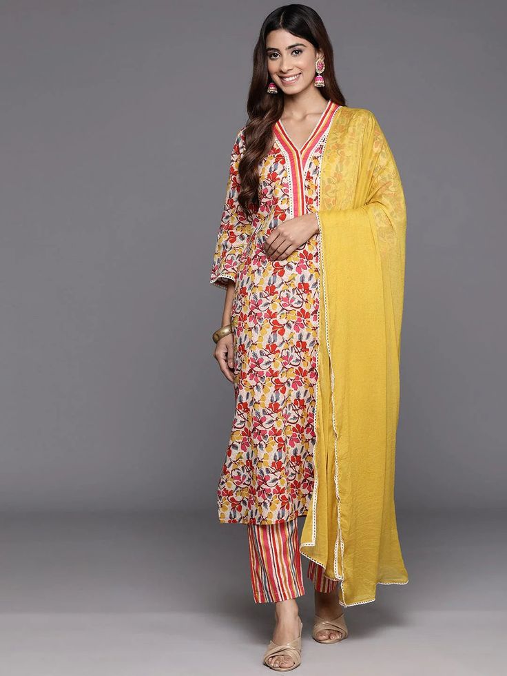 Multi Color Cotton Floral Print & Embroidered Suit Set with Dupatta Embroidered Suit, Formal Jewelry, Print Embroidery, Embroidery Detailing, Cotton Dupatta, Cotton Bottoms, Suit Set, Fabric Shop, Embroidery Details