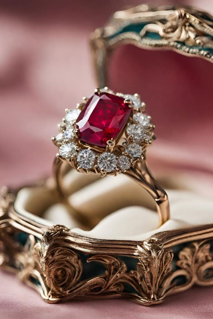 23 Best Ruby Engagement Rings - Vintage, Emerald Cut, Oval & More - Jewelry Material Guide Ruby Emerald Cut Engagement Ring, Ruby Engagement Ring Gold Vintage, Red Ruby Engagement Ring, Emerald Cut Ruby Engagement Ring, Vintage Ruby Engagement Ring, Rubi Ring, Real Emerald Necklace, Engagement Rings Ruby, Ruby Engagement Ring Gold